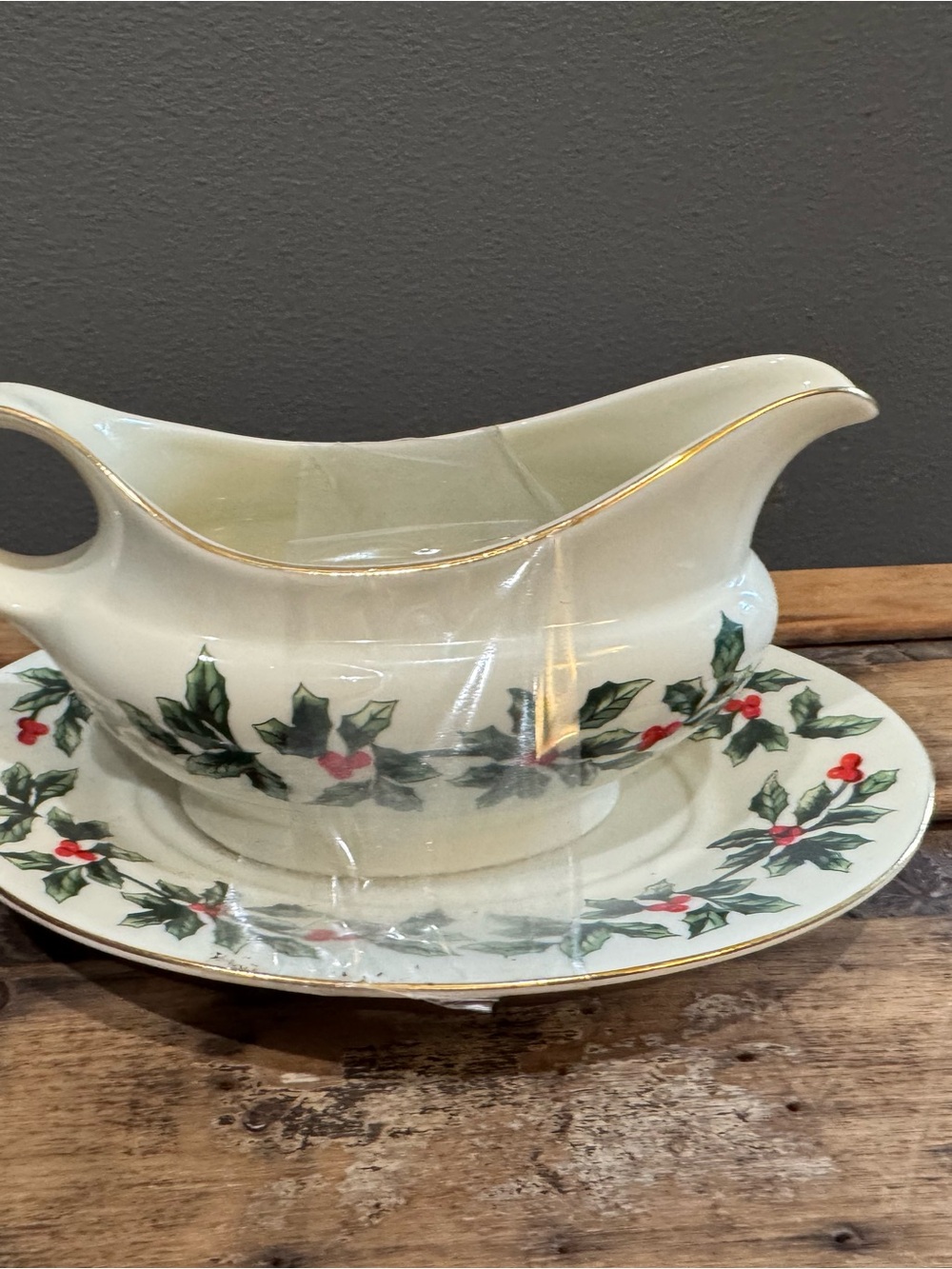 Classic White Holiday Holly Gravy Boat with Underplate